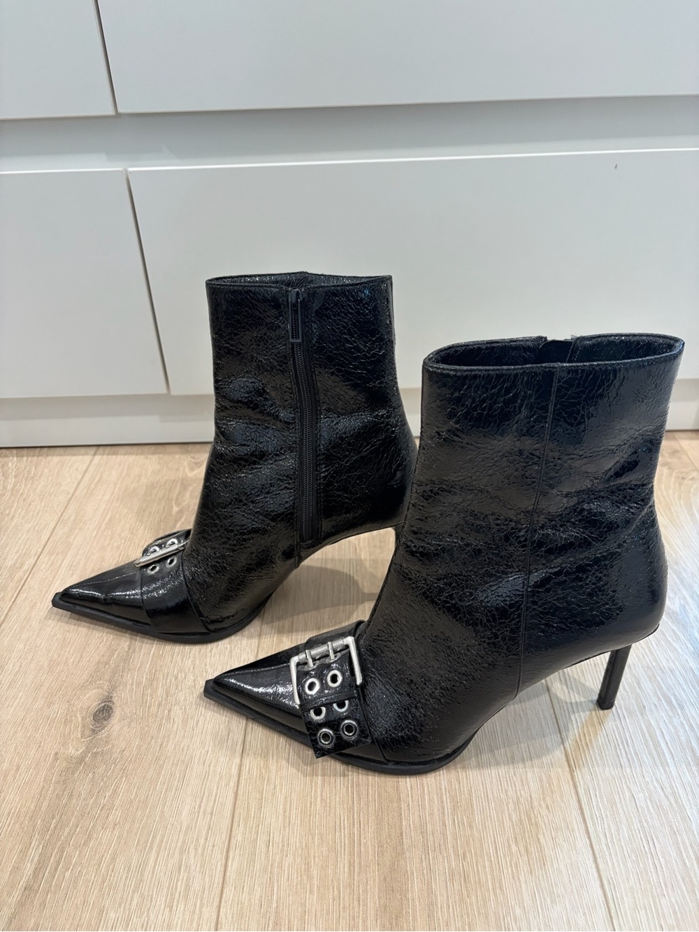 Zara Black Pointed Toe Buckle Ankle Boots - Women